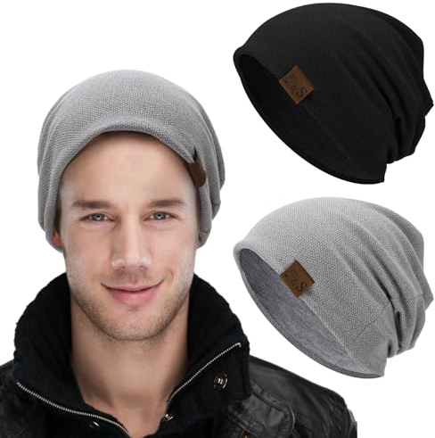 Apricitie 2er Set Slouch Beanie Mütze Herren, Baumwoll Slouchy-Beanie, Coole Unisex Beanie-Schädelkappen, Weich, Elastische & Leicht für Herren und Damen