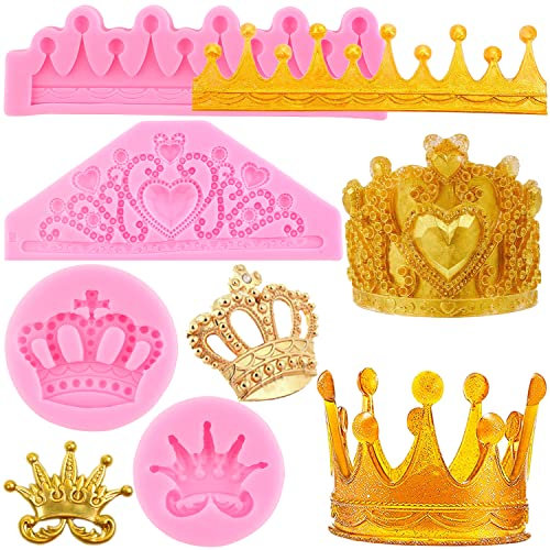 RFGHAC Crown Fondant Mould Crown Cake Topper Mould Silicone Crown Heart Mould for Cake Decoration Cupcake Topper Candy Chocolate Cum Paste Polymer Clay Set of 4