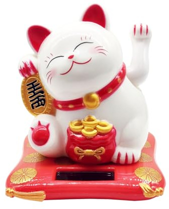 Flylin Chinese Lucky Cat, Solar Waving Cat Good Luck Wealth Welcoming Cats Welcoming Cat for Home or Office Display Car Decoration