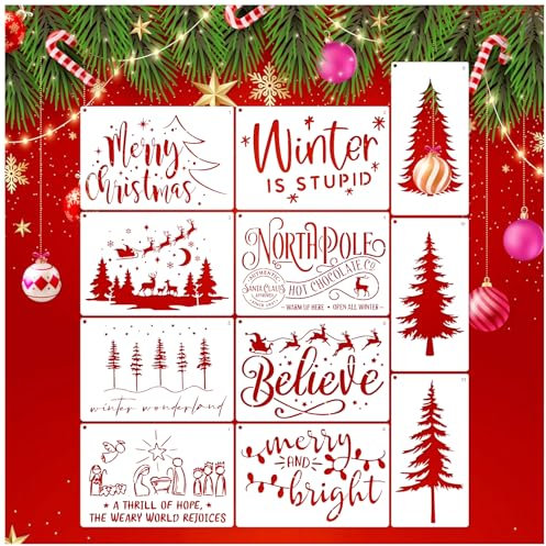 Weihnachtsschablonen zum Malen auf Holz, wiederverwendbar, Motiv: Tannenbaum, Glauben, Winter, Frohe Weihnachten, Feiertage, Schablone zum Basteln, Holz, Fenster, Stoff, Leinwand (11 Weihnachten), 11