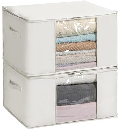 TYEERS Contenitori per Armadio in Tessuto Misto Cotone, con Cerniera e Finestra Trasparente, Sacchi per Vestiti Stagionali e Biancheria da Letto, 60x40x35 cm, Confezione da 2, Beige