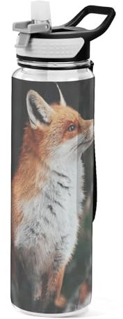 Mnsruu Transparente Sport-Wasserflasche mit Strohhalm, auslaufsichere Trinkflasche, schöner roter Fuchs, Hochformat, Fahrradflaschen für Sport, Büro, Schule, BPA-freier Tritan-Kunststoff, 1 Liter