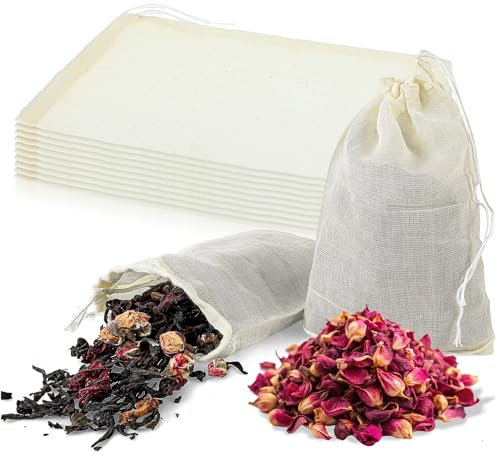 Spice Bags Cooking, Cheese Cloth Strainer, Muslin Drawstring Reusable Tea Bags, 10 Pack 6 x 4 Inch