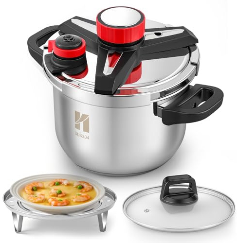 Huanyu Olla a presión 3 en 1 Ollas a presión de acero inoxidable de 6 litros con placa vaporera y tapa de cristal Olla a presión a prueba de explosiones Apta para todo tipo de cocinas (6 L)