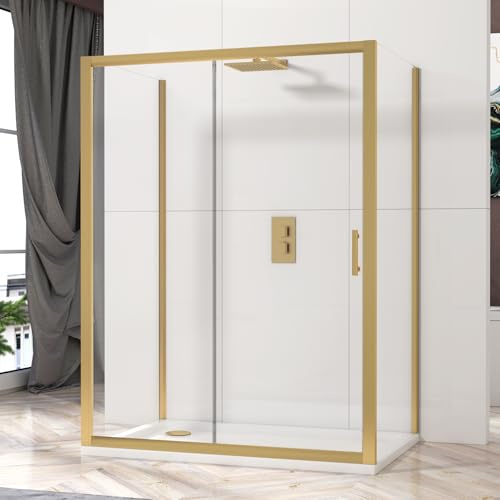 Venice 1200 x 800mm Brushed Brass Single Sliding 3-Sided Shower Enclosure 6mm Glass Reversible Cubicle Door