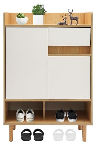 Levkitch Mueble Zapatero Dos Puertas 6 Estantes 1 cajón Zapatero Armario Madera Mueble Zapatero Gabinete 90 * 32 * 60cm (Color Cerezo+Blanco)