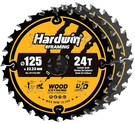 HARDWIN 3 stycken TCT sågblad 125 mm för vinkelslip – 24 tänder, professionellt cirkelsågblad för trä, spånskivor och MDF – 125 x 22,23 mm – snabbt snitt – max. 10 500 varv/min