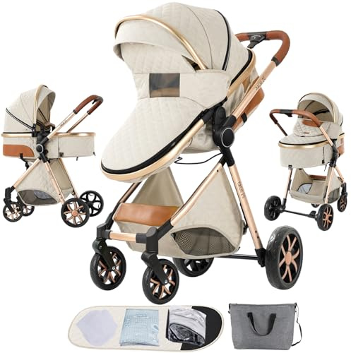 Veitoalioy 2 in 1 Baby Stroller, One Click Folding Convertible Newborn Infant parm, Standard Cart, Reclining Buggy That can be Pushed Forward and Backward, New Born Pushchair 0-36 Month (2USV9-WHITE)