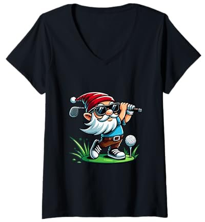Womens Funny Gnome in Garden Sunglasses Santa Playing Golf V-Neck T-Shirt