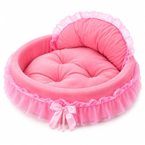 Dog Princess Bed Washable Cat Couch Soft Plush Pet Sofa Nest Mat (S, Pink) | Cute Bow Kitten Puppy Cave Beds, Cozy Doggy Kennel Cushion Removable, Small Dogs Cats Sleeping Pad for Everyday Rest