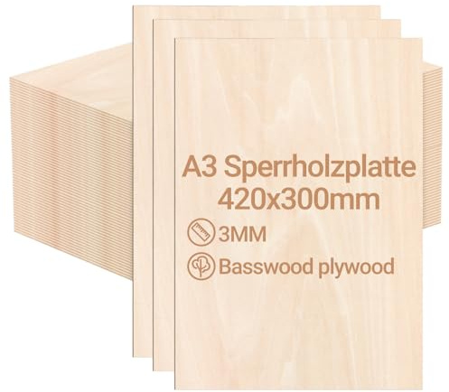 Eikuavons Plywoodskiva 3 mm, 420 x 300 mm, 50 stycken lindträskiva, snitt efter pysselträ, för modellbygge, lasergravering, trä, brinnande målning, gör-det-själv oljemålning