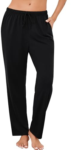 Vlazom Pantaloni del Pigiama Donna Cotone Invernali Pantaloni da Notte Morbido con Tasche e Vita Regolabile，Nero，M