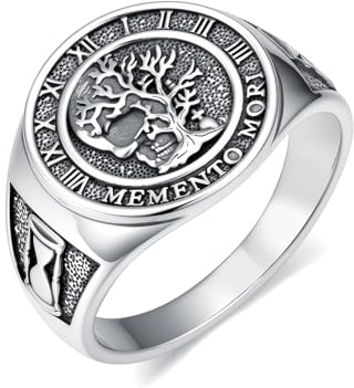 PROESS Memento Mori Totenkopf Ring für Herren 925 Sterling Silber Lebensbaum Totenkopf Siegel Ring Memento Mori Schmuck Jubiläums Geschenke (Größe 10)