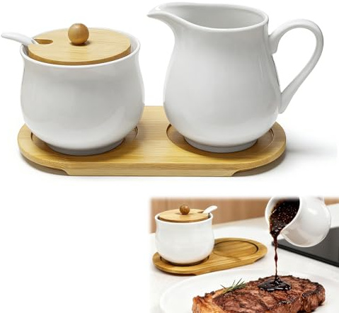 bechoanigel Ensemble de lait et de sucre avec couvercle et cuillère, pot à lait en céramique et sucrier avec plateau en bois, kit de sucre pour café, pot à lait, passe au micro-ondes et au