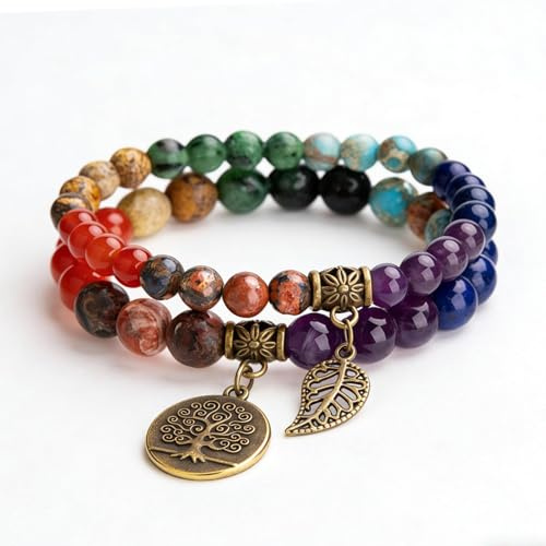 Collenatsy 7 Chakra Bracciale con pietre vere e albero della vita, bracciali in pietra di guarigione, regalo per donna per yoga e meditazione (multicolore), Resina