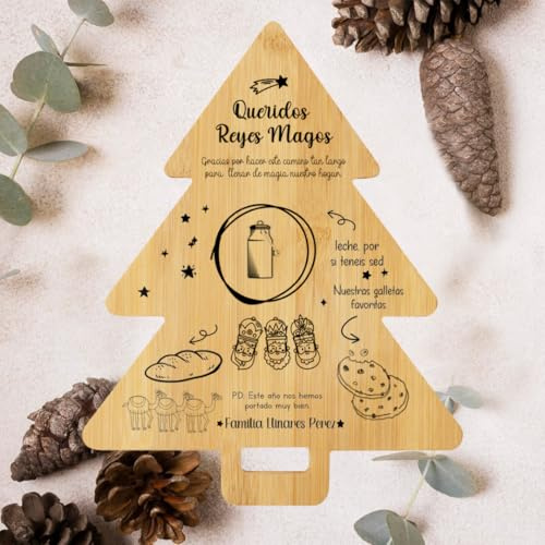 Genérico Artesanos Locales Tabla de Madera Navideña Personalizada, 21X26,5cm, para Papá Noel y Reyes Magos, Bandeja de Bambú Grabada para Aperitivos