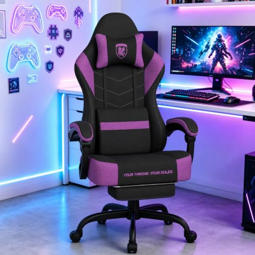 Verdego Silla Gaming, Silla Gamer Ergonómica con Masajeador Cojín Lumbar, Reposapiés Retractable, Reposacabezas, Tela de Poliéster, Reclinable 90-135°, Altura Regulable, Sillas Gaming, Morado Negruzco