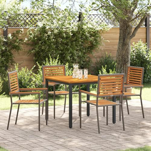 IBUQDDV Garten Esszimmer Set aus 3 Teilen Grau Metall und Holz Mittel Outdoor Tischgruppe für Balkon und Terrasse mit stapelbaren Stühlen und wetterfesten Materialien