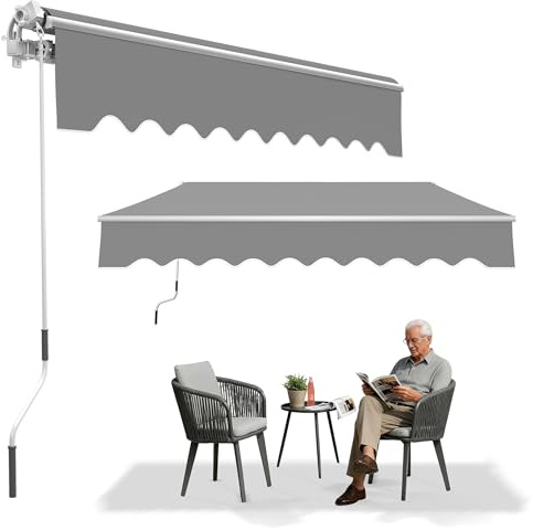 YRHome Auvent à bras articulés en aluminium - 360 x 300 cm - Avec manivelle - Store de terrasse - Store de balcon - Protection solaire - Gris clair