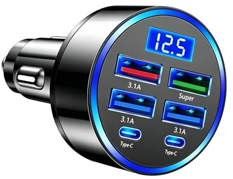 Car USB 6 in 1 Charger Adapter,Fast Charge Cigarette Lighter USB Charger | 45W Super Fast Charging Socket,12-24V Car Phone Charger with LED Voltmeter Display for iPhone iPad Android Samsung Galaxy