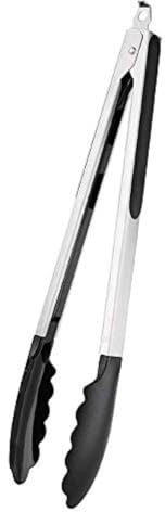 Vogue Heavy Duty Stainless Steel Kitchen Silicone Tip Tongs 300mm - Strong Grip, Heat Resistant Tip and Lock CS771 | Safely handles food up to 310°C without scratching non-stick pans, with soft non-slip grips for busy commercial kitchens.