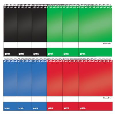 Better Office Products Spiral Steno Pads, 12 Pack, 6 x 9 inches, 80 Sheets, White Paper, Gregg Rule, Assorted Solid Colors (Red, Black, Blue, Green), 12 Steno Notebooks