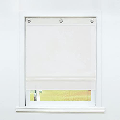 SCHOAL Raffrollo ohne Bohren Raffgardine Transparent mit Ösen Gardinen mit Haken Ösenrollo Leinen Vorhänge Uni Weiß BxH 100x140cm 1 Stück