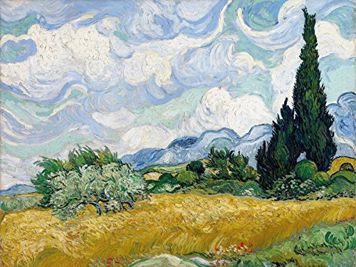Kunstdruck auf Holz, Weizenfeld mit Zypressen, Van Gogh Vincent – Querformat, horizontales Bild, Weizenfeld mit Zypressen, 56 x 74 cm