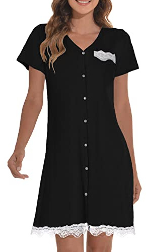 RITOSTA Camicia da Notte Donna Estiva Vestaglia Maniche Corte Vestito da Notte con Tasche Bottoni Pizzo Pigiama Caldo Morbido per Casa Premaman Allattamento