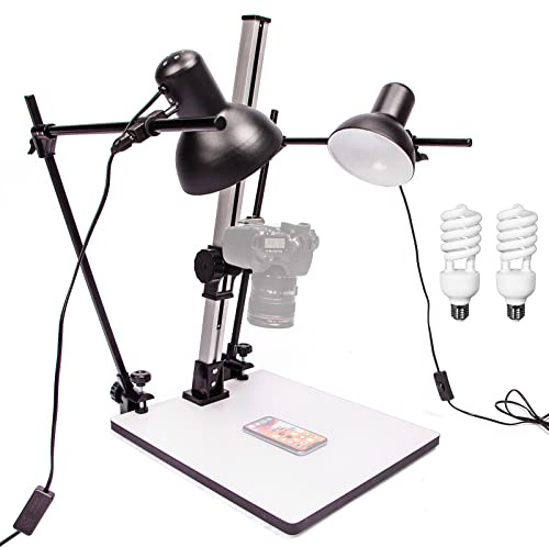 BOLLUMA Fotografie Copy Ständer Kopierständer mit 2 x Fotolampe E27 45W 5500K 220V und Schnellentriegelungsplatte für DSLR-Kamera, Makro-Shoot Video, Reproduktionsständer, Kopierlicht