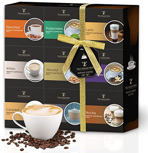 Luxury Instant Coffee Gift Set – 9 Flavoured Instant Coffees in Festive Gift Box – Christmas Coffee Hamper for Friends, Family & Coffee Lovers – Holiday Present with Hazelnut, Mocha, Peppermint & More