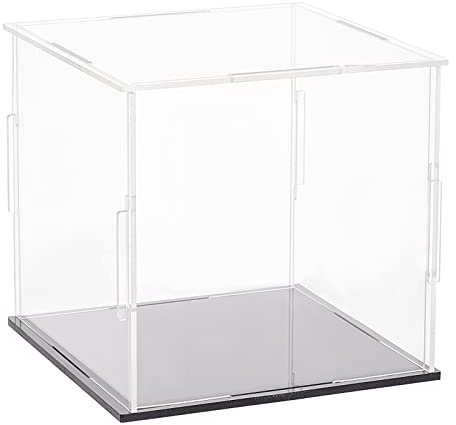 FINGERINSPIRE Klare Acryl Vitrine mit schwarzem Sockel 11x11x10,5cm, Würfel klar Selbstmontage Acryl Box staubdicht Schutz Vitrine für Action Figuren Sammlerstücke Spielzeug