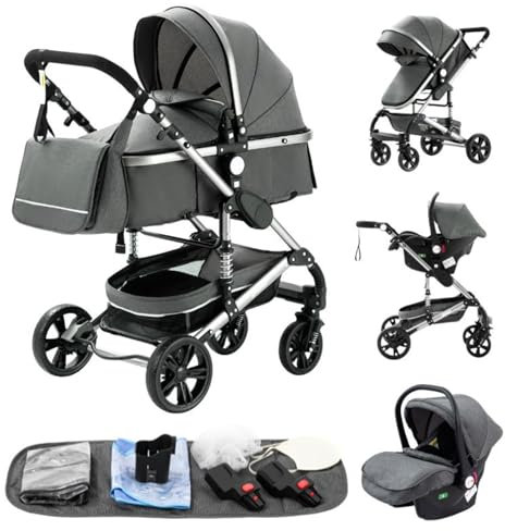 YAZOCO 3 in 1 Kinderwagen Kombikinderwagen komplettset Zusammenklappbar baby kinderwagen incl Babywanne & Buggy Sportsitz & Fußsack & Moskitonetze (Grau)