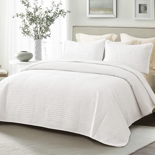 Whale Flotilla Ultra Soft King Quilt Bedding Set, Lightweight Microfiber White Quilts Bedspreads Oversized, 3 Piece Ultrasonic Geometric Coverlet Bed Cover for All Seasons