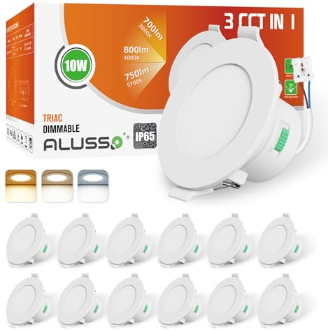 ALUSSO IP65 LED Downlights Ceiling Dimmable 10W 800LM LED Recessed Ceiling Spot Lights 3000K Warm 4000K Neutral 5700K Cool Adjustable Spotlights Ceiling Lights for Bathroom Kitchen, White, 12 Pack