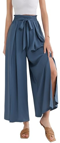 GRACE KARIN Pantalones de pierna ancha para mujer con bolsillos, ligeros, de cintura alta, con nudo anudado, holgados, divididos, holgados, palazzo, Gris y azul., S
