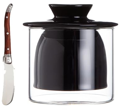 SaiDuoDuo Beurrier en porcelaine, pot à beurre avec couvercle en verre et couteau à beurre en acier inoxydable, pot à beurre pour comptoir avec ligne d'eau,Noir
