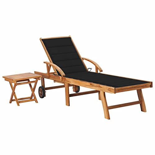 ARKEM Sonnenliege mit Tisch und Auflage Massivholz Teak Gartenliege Strandliege Klappbar Leicht