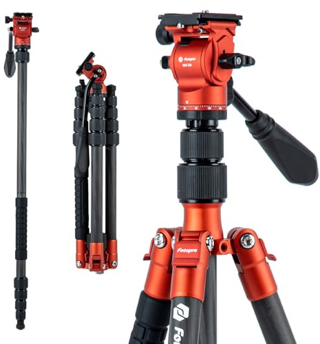 Fotopro Treppiede da viaggio in fibra di carbonio da 150 cm, treppiede compatto per fotocamera con testa fluida, monopiede staccabile con piastra a sgancio rapido e borsa, treppiede video carico fino