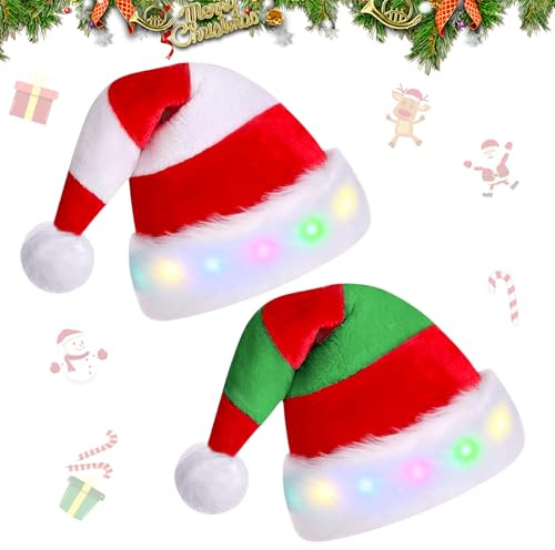 Mecctuck Weihnachtsmütze, Mütze mit LED Licht, Weihnachtsmützen, Nikolausmütze, Weihnachtsmann Mütze, Weihnachtsmütze LED Mütze, Nikolausmützen, Christmas Hat Streifendesign für Kinder und Erwachsene