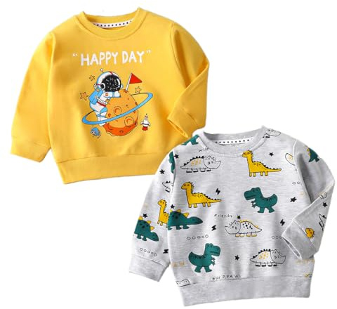 XM-Amigo Förpackning med 2 Baby Pojkar Klassisk Crew Neck Pullover Barn Pullover Sweatshirt Långärmad Bomull Planeter Dinosaurie Kläder Vår Höst Vinter Toppar 1-14 år, blå/gul, 2 Years