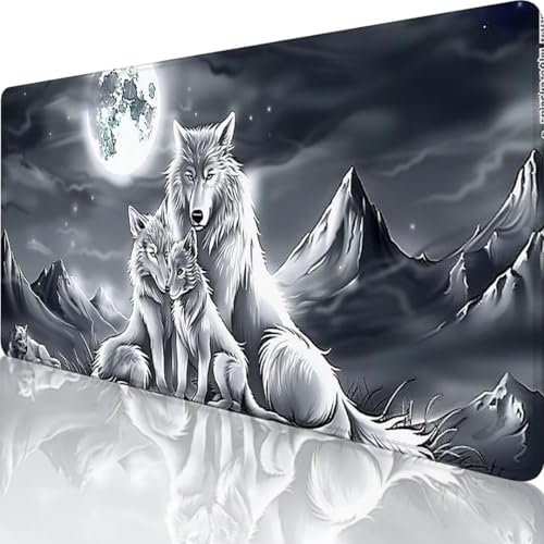 Grau Mauspad XXL 800x300 mm, Erweiterte Groß Mousepad Wolf, Wasserfest Schreibtischunterlage Vernähte Kanten Design, Mouse Pad mit rutschfeste Gummibasis für Pc Büro Deko, Geschenke für Frauen p-L