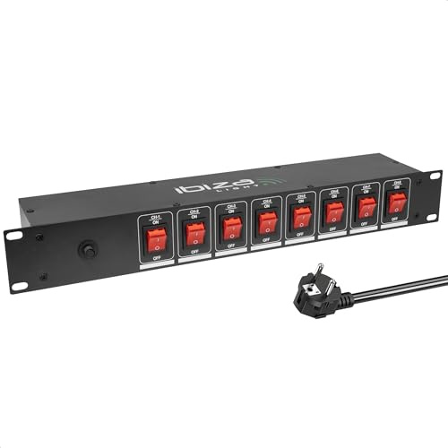 Ibiza - LC806S-DE - Boitier multiprise encastrable 19” à 8 Voies avec commutateur dédiés - Alliage Aluminium Noir - 8 Prises de Type F (Schuko)