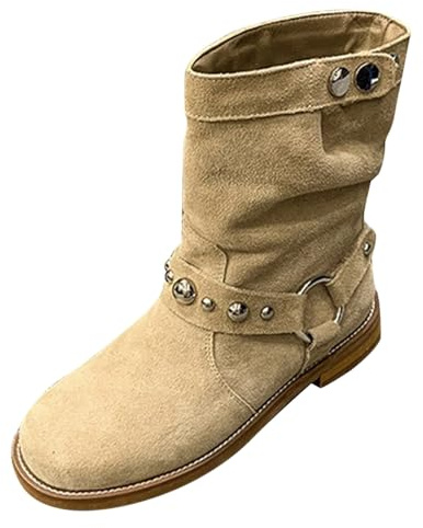 Genérico Botas Altas Caña Ancha Botines Mujer Talla 42 Botas de tacón bajo de Gamuza con Punta Redonda para Mujer, Botas de Pelo Occidental, Hebilla de, Botines Botas Mujer Invierno Beige (Khaki, 42)