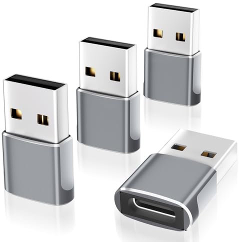 Omivine 4 Stück USB-C Buchse auf USB-A Stecker OTG Adapter Auto Ladekabel Konverter kompatibel mit iPhone, Mac, Laptop, Tablet, Smartphone, usw -Silbergrau