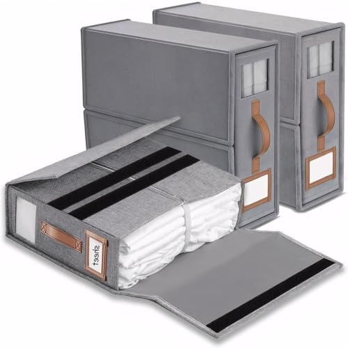 BUBOOO linge boite rangement drap de lit, 3 organisateur drap pliable vec fenêtre transparente & étiquette pour draps couvertures, housses, serviettes, Lin Gris