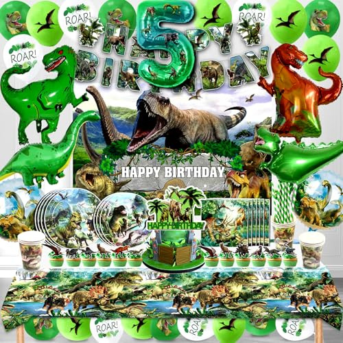 Dino Kindergeburtstag Deko 5 Jahre,Dinosaurier Geburtstag Luftballon 146 Pcs,Dino Party Deko Geburtstag Jungen Mädchen,Dino Kinder Partygeschirr Set,Dino Ballon Geburtstagdeko Kit
