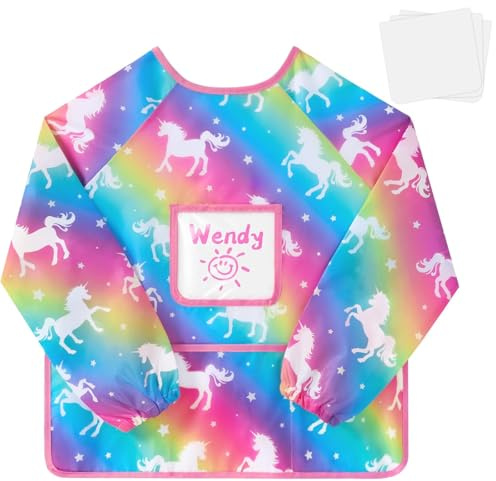 WERNNSAI Bata Pintura Niños, Unicornio Delantal Mangas Largas Chica, Delantal Cocina Impermeable con Mangas y 3 Bolsillos, Delantals Infantil Pintura Niños Cocina Manualidades 2-8 Años