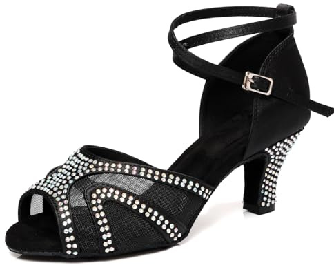 ZYXWVU Scarpe da Ballo Latino Donna Strass Sala Tango Bachata Matrimoni Feste,D53-nero-6cm Heel,37.5 EU