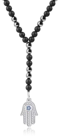 GAVU Herren Perlenkette aus Onyx Hämatit mit Nazar-Amulett Evil Eye Anhänger Y-Halskette für Männer 65 cm